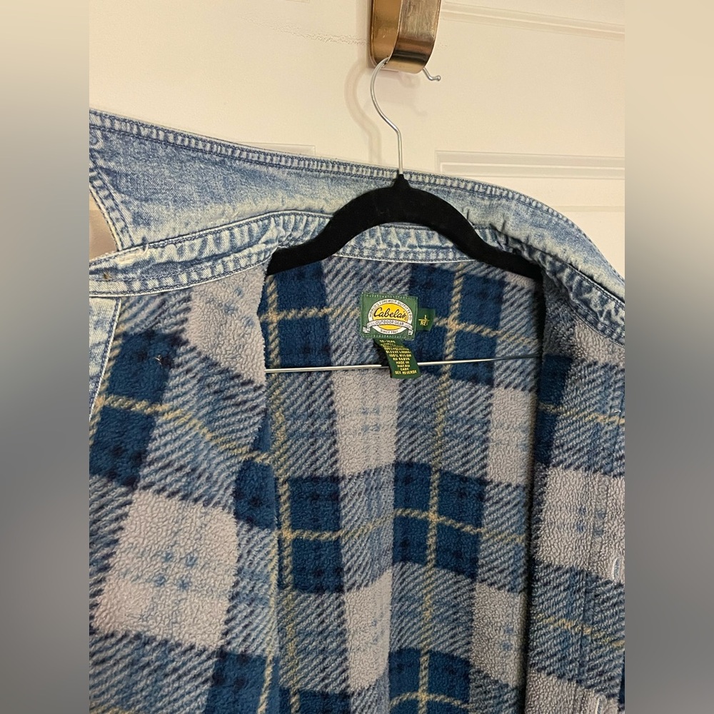 Cabela’s Denim Chore Coat Shirt Jacket Plaid Sherpa Lined Workwear Men’s L - Picture 10 of 13